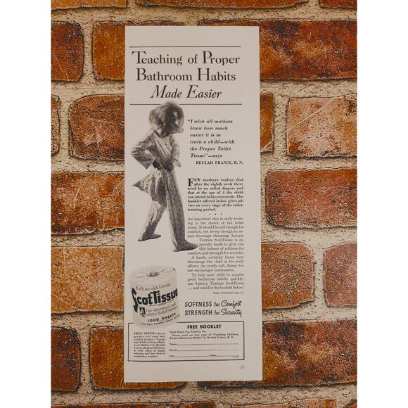 1940 Scot‎ Tissue Teaching Proper Bathroom Habits Cute Kid Vtg Print Ad - Picture 2 of 8
